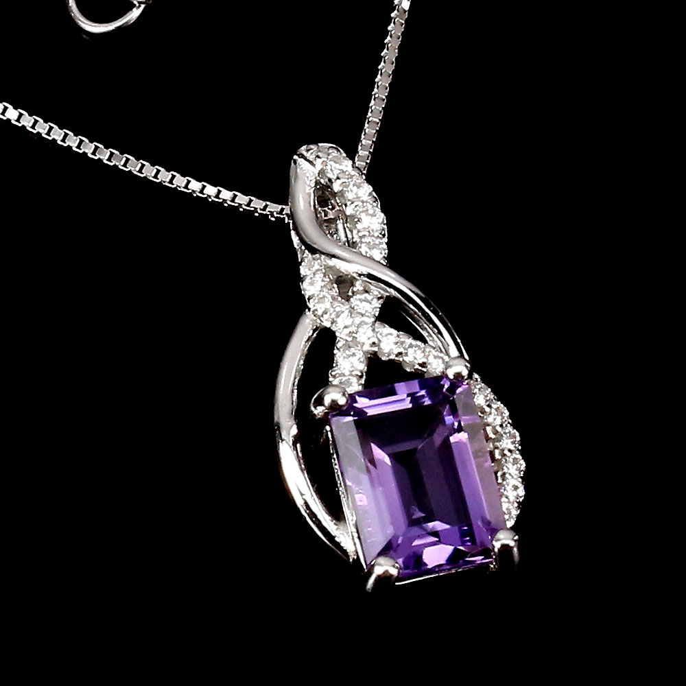 925 Sterling Silver Octagon Amethyst 7x5mm Simulated Cz Necklace