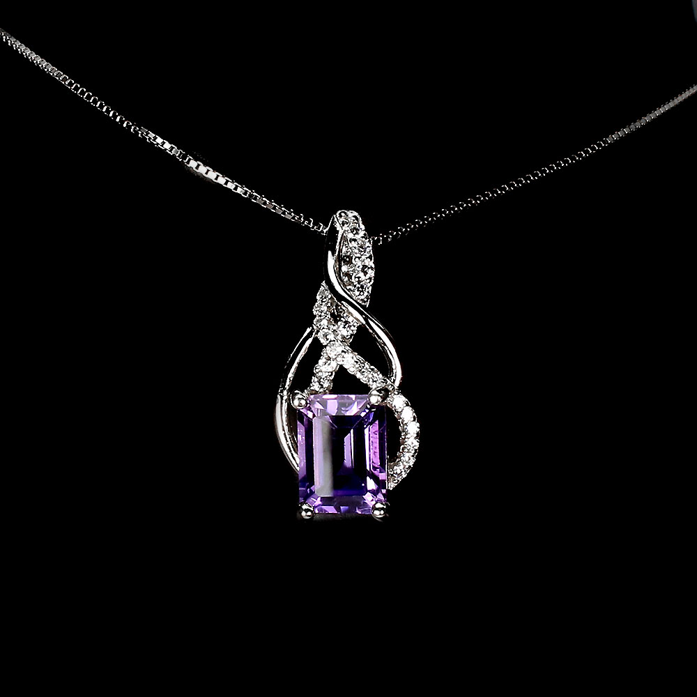 925 Sterling Silver Octagon Amethyst 7x5mm Simulated Cz Necklace