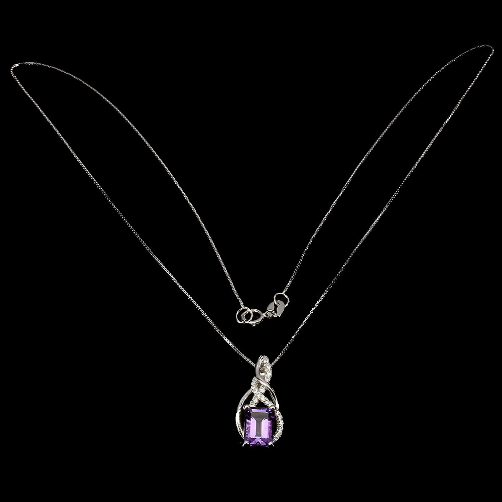 925 Sterling Silver Octagon Amethyst 7x5mm Simulated Cz Necklace