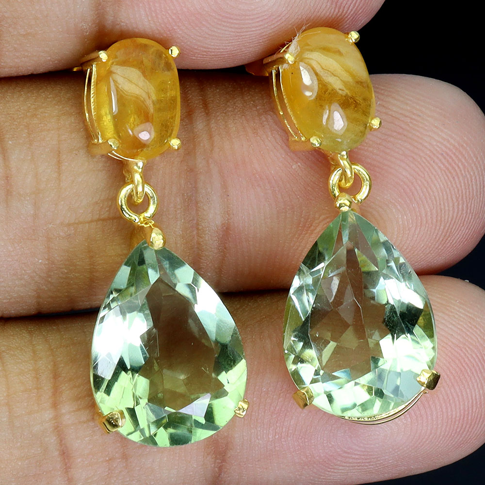 925 Sterling Silver Earrings Pear Green Amethyst 16x12mm Sapphire